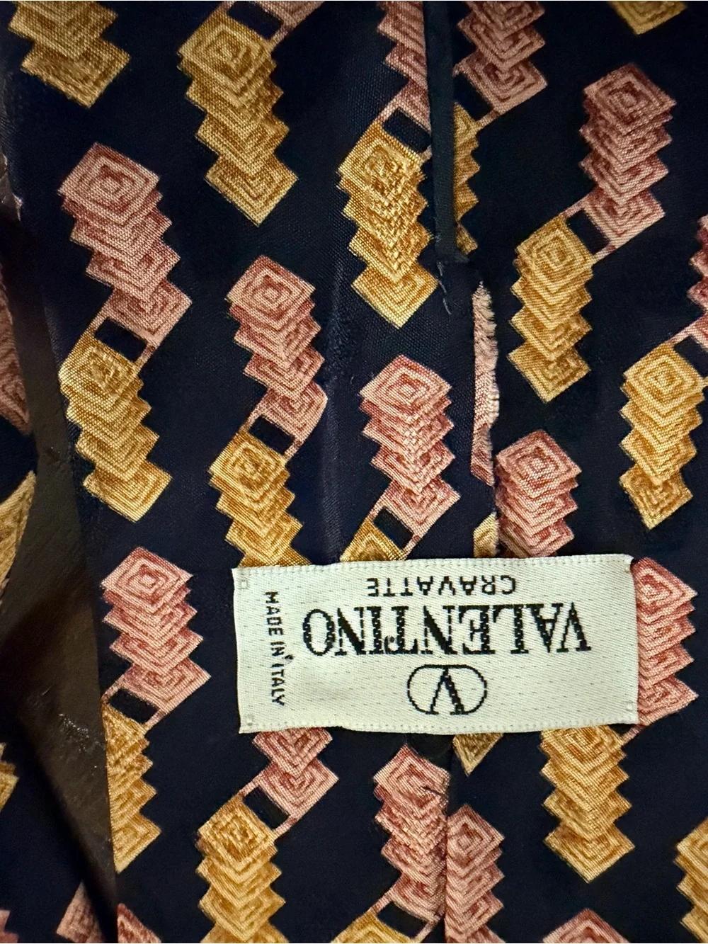 Valentino Silk from Italy Navy Tie with Yellow and Pink Chevron Motif